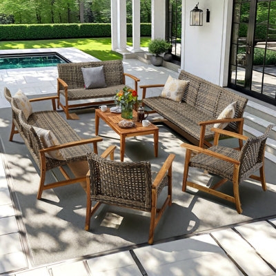 Outdoor Conversation Set Modern U Shaped Layout Wood Toned Frame