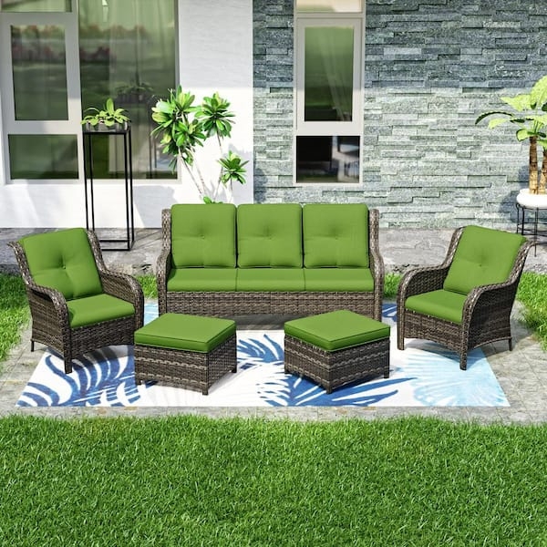 Outdoor Conversation Set Modular Wicker Base Green Cushions Sectional