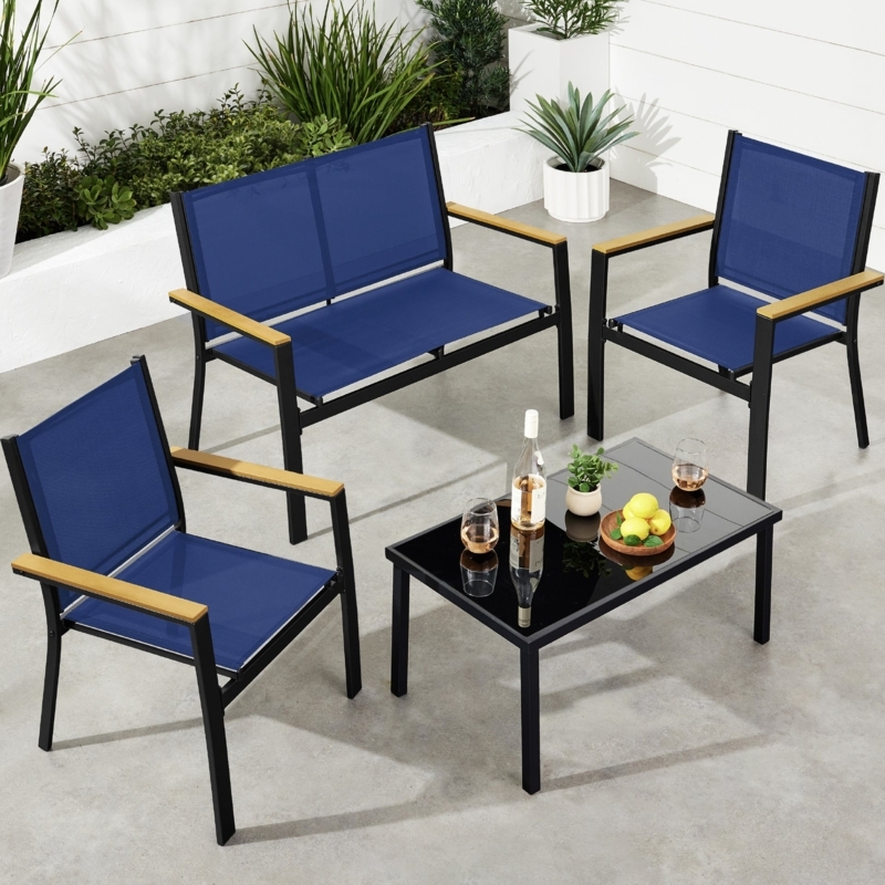 Outdoor Conversation Set Navy Mesh & Black Frame, Glass Top