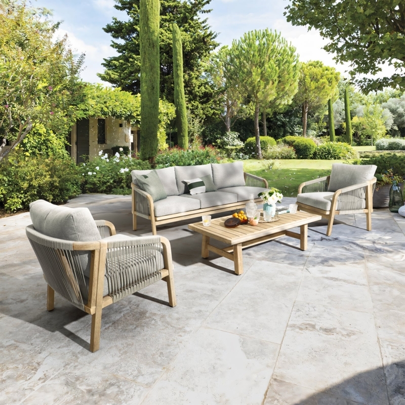 Outdoor Conversation Set Scandinavian Woven Rope Back Blonde Wood