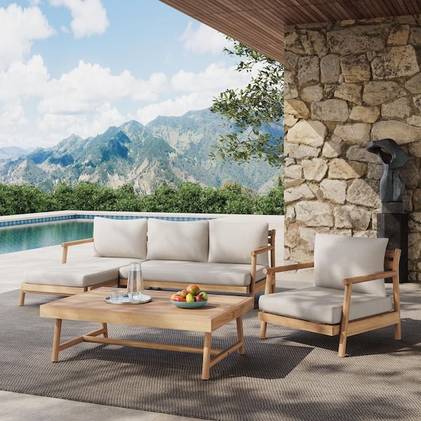 Outdoor Conversation Set, Slatted Wood, Beige Cushions, Poolside Lounge