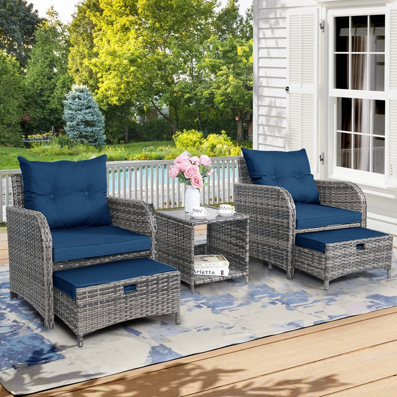 Outdoor Conversation Set Space Saving Design Nested Ottomans Dark Brown