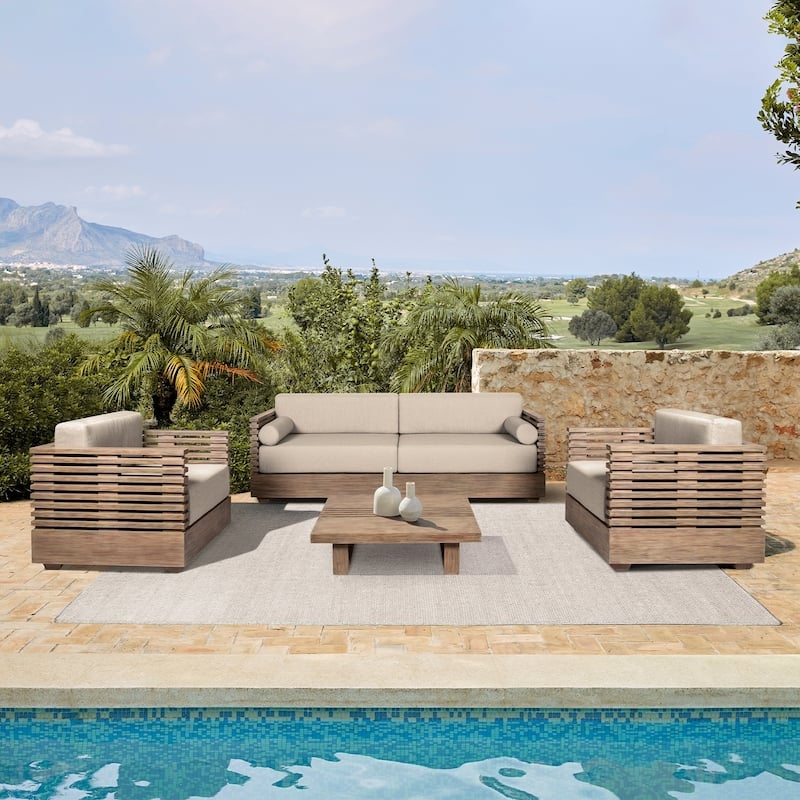 Outdoor Conversation Set, Tapered Wood Legs, Slatted Table, Modern Style