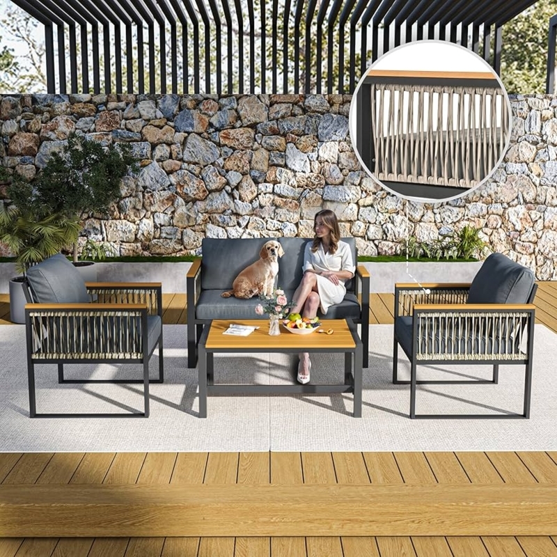 Outdoor Conversation Set with Wicker Armrest Panels & Wood Look Slats