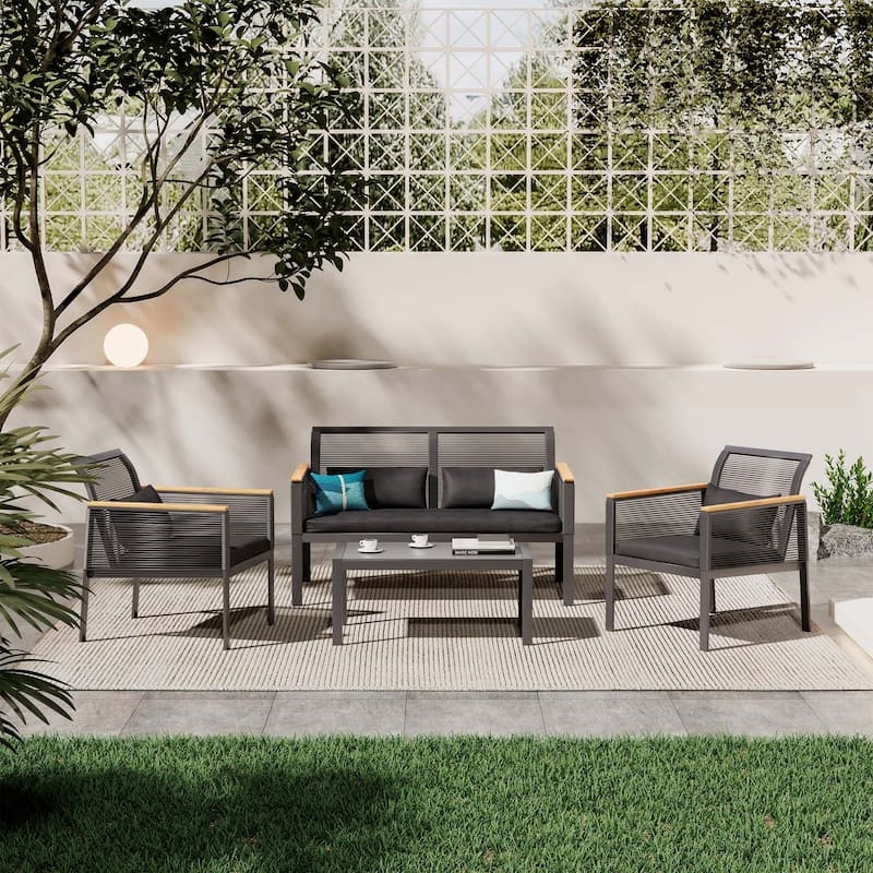 Outdoor Conversation Set Woven Cord Design, All Black Palette Slatted