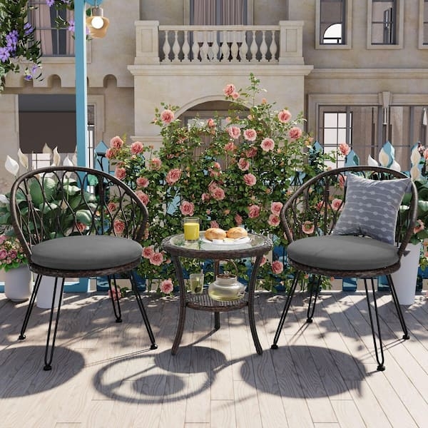 Outdoor Conversation Set Woven Texture, Glass Round Tabletop Small Space