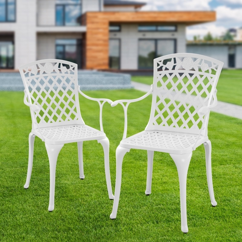 Outdoor Dining Chair Cast Aluminum Look White Floral Motif Traditional Style