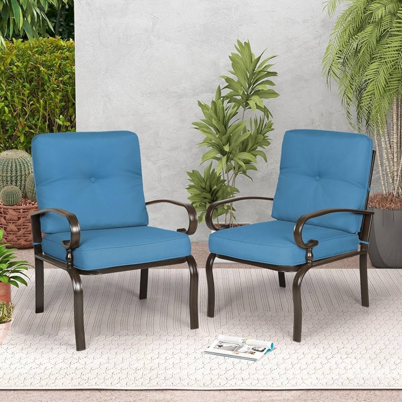 Outdoor Dining Chair Metal Slatted Back Peacock Blue Cushions