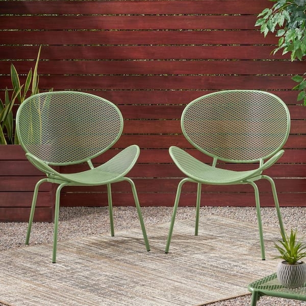 Outdoor Dining Chair Metal Vertical Slat Back Olive Green Finish Armrests