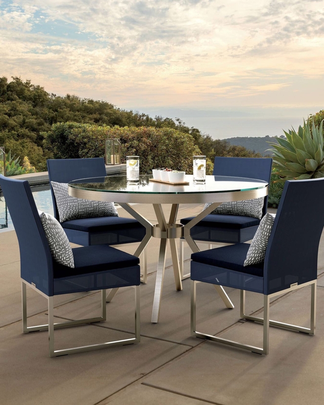 Outdoor Dining Chair with Cantilever Frame Look and Navy Cushion