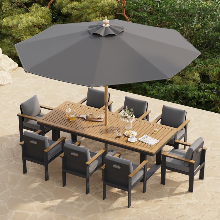 Outdoor Dining Set 10-Piece Wood-Toned & Metal with Central Umbrella