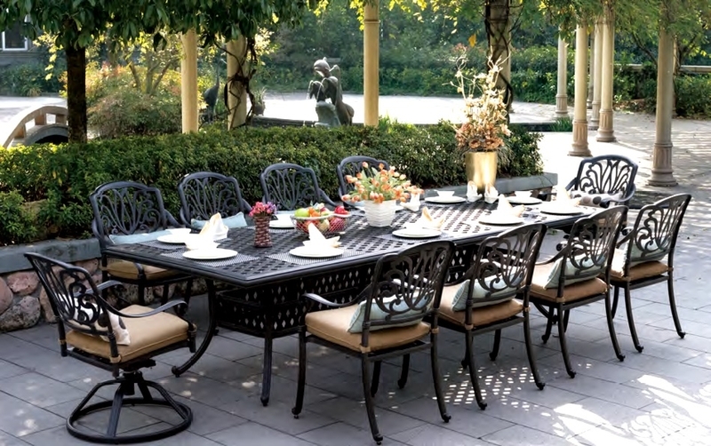 Outdoor Dining Set, 11-Piece Cast Aluminum with Ornate Lattice Table.
