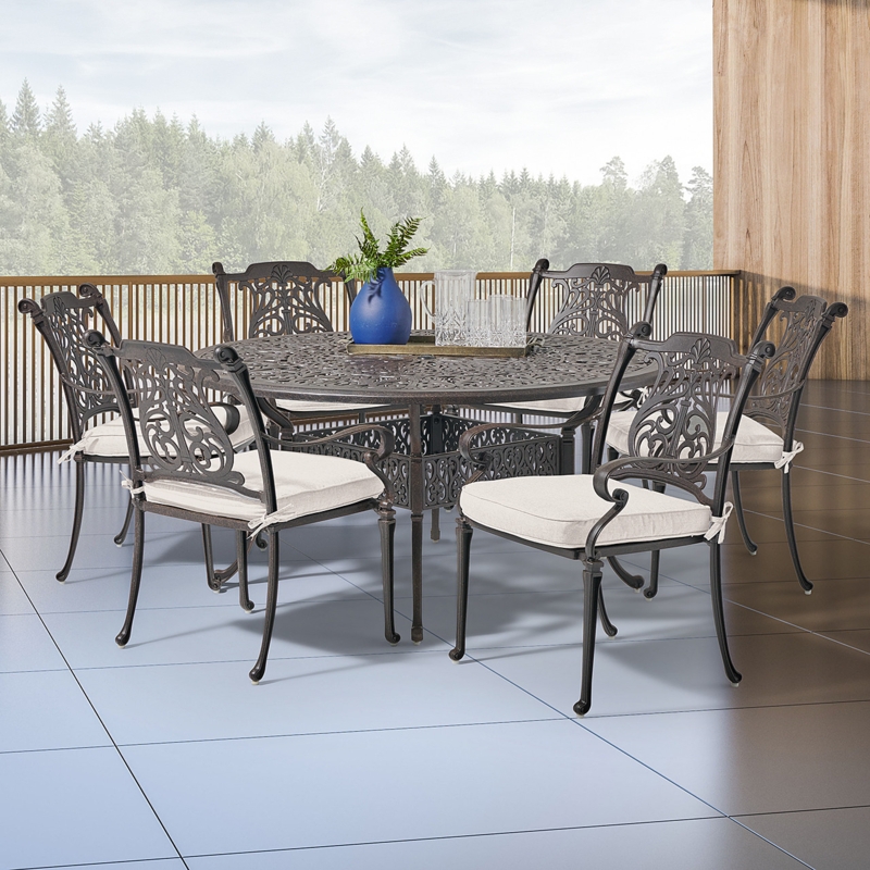 Outdoor Dining Set, 7-Piece Aged Bronze with Round Lattice Top Table.