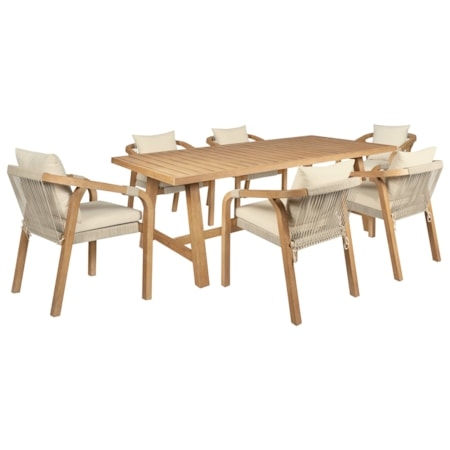 Outdoor Dining Set 7-Piece Blonde Wood Woven Rope Backs