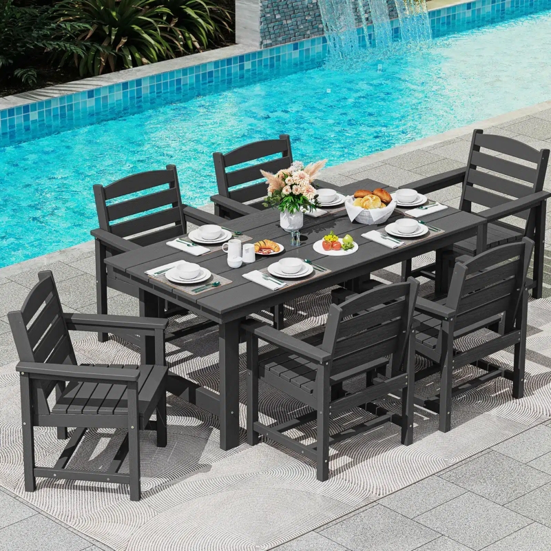 Outdoor Dining Set, 7-Piece Poly Wood Patio Set, Monochromatic Design