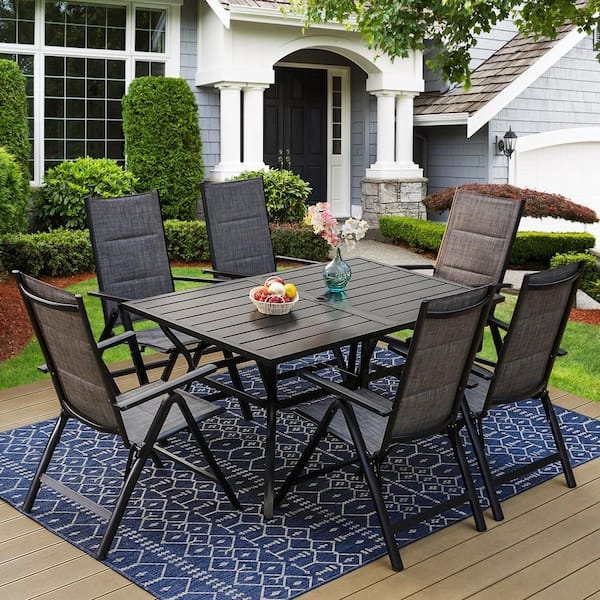 Outdoor Dining Set 7 Piece Reclining Folding Chairs Black Metal