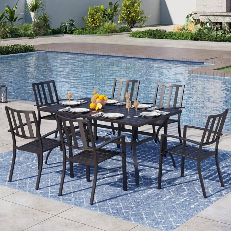 Outdoor Dining Set 7 Piece Stackable Chairs Black Metal Mesh Modern