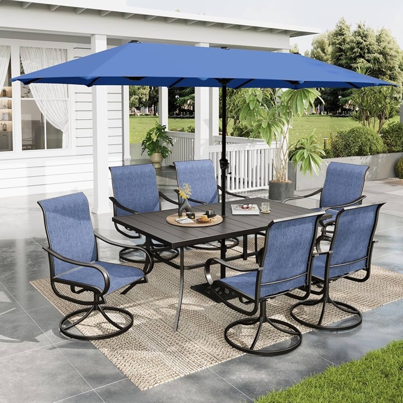 Outdoor Dining Set 8-Piece with Extra Wide Double Sided Umbrella