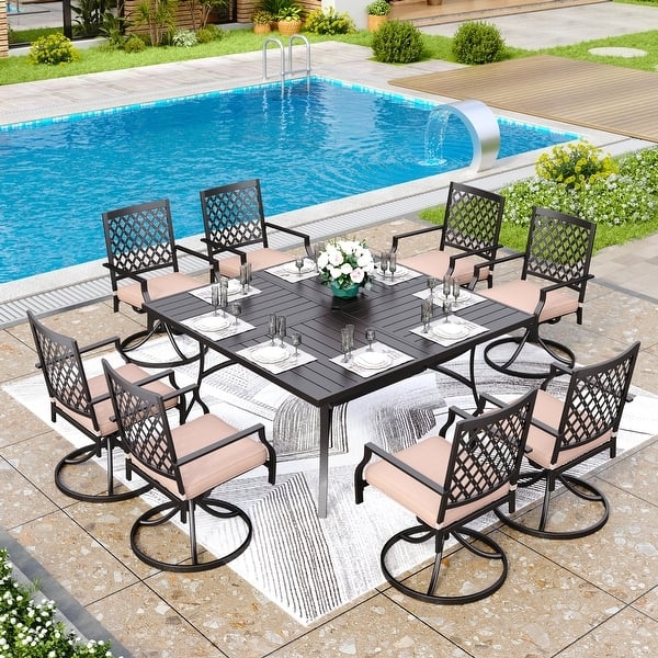 Outdoor Dining Set 9-Piece Black Metal Swivel Chairs