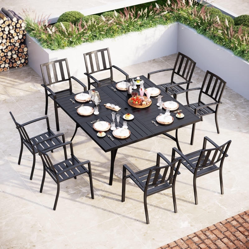 Outdoor Dining Set: 9-Piece Square Black Metal Slatted Table