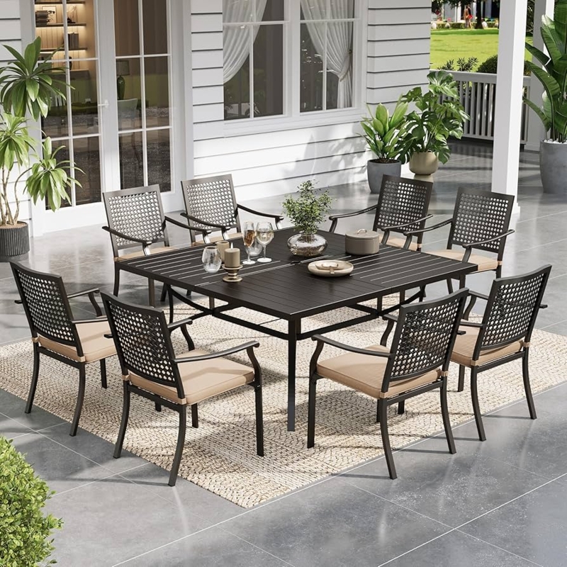 Outdoor Dining Set 9 Piece Square Metal Lattice Table Slatted Chairs