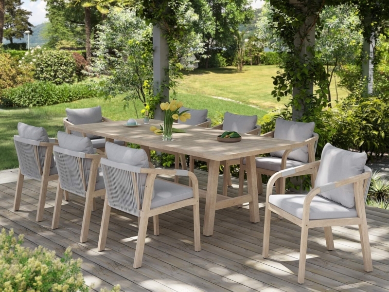 Outdoor Dining Set 9-Piece Wood-Toned with X-Back Chairs & Umbrella