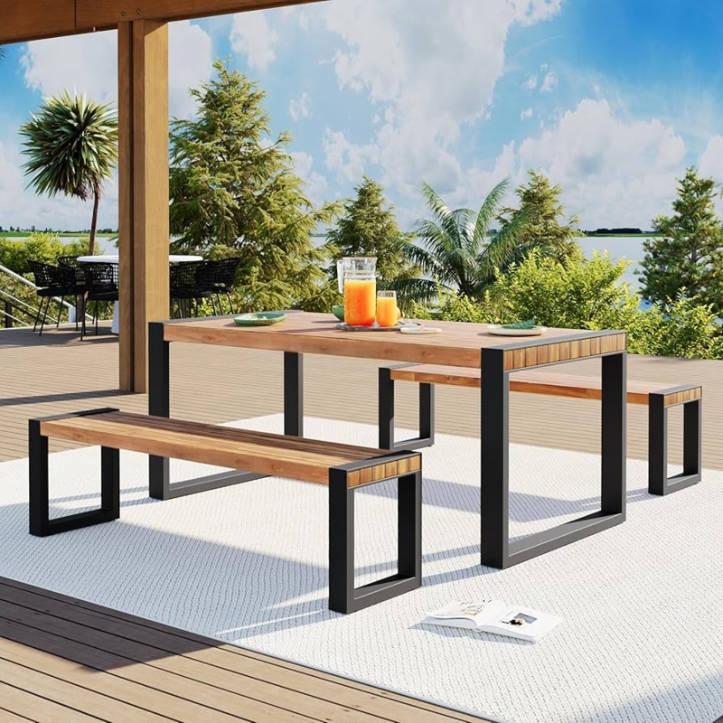 Outdoor Dining Set, Acacia Wood Chevron Pattern, Black Metal Sled Base