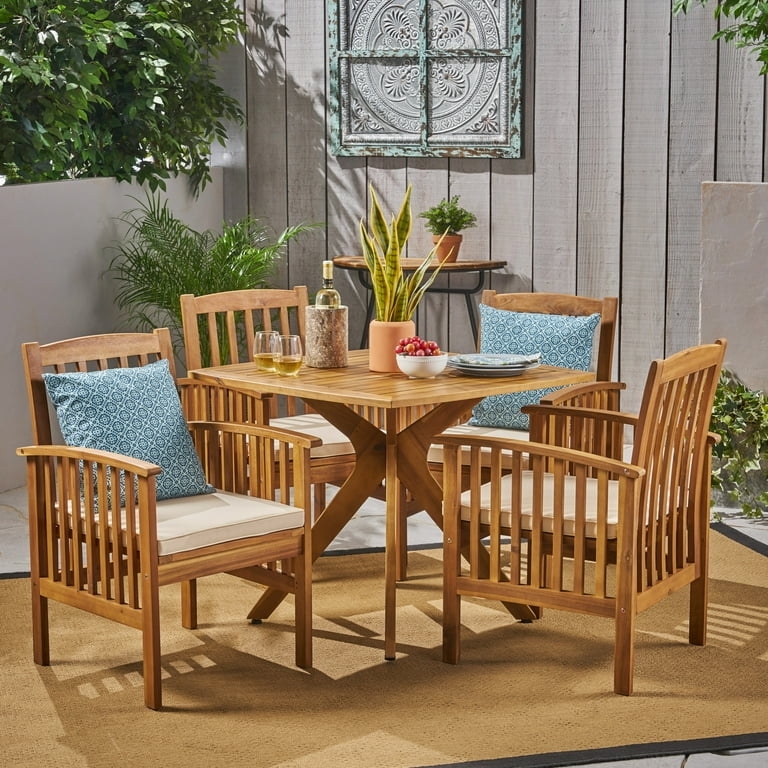 Outdoor Dining Set Acacia Wood X-Frame Legs With Cushions