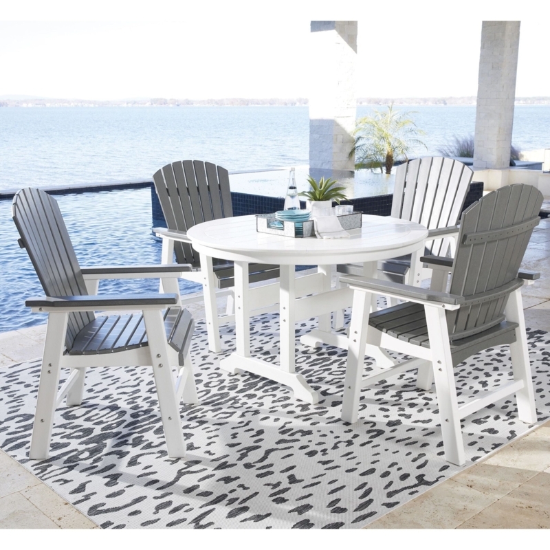 Outdoor Dining Set All-White Finish Round Slatted Patio Table