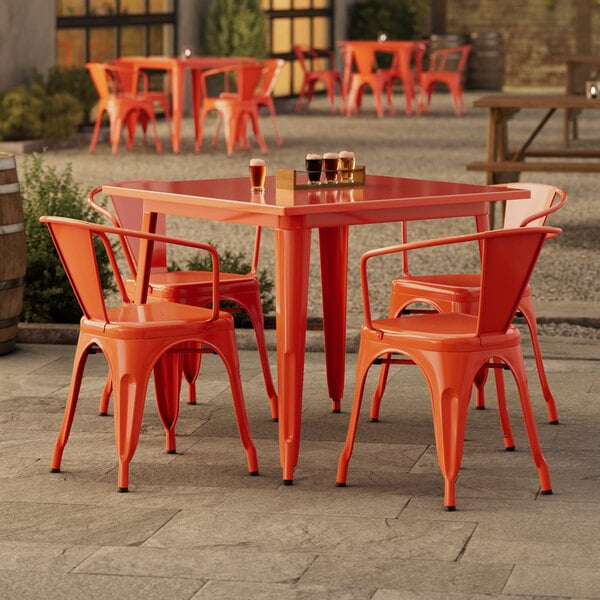 Outdoor Dining Set, Amber Orange Metal, Industrial Slatted Design