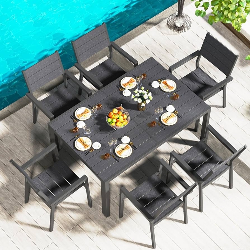 Outdoor Dining Set Black Aluminum Stackable Chairs 7 Piece