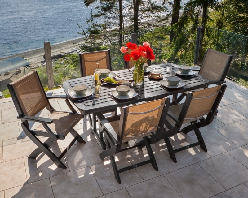 Outdoor Dining Set Black Frames with Burlap Colored Sling Chairs