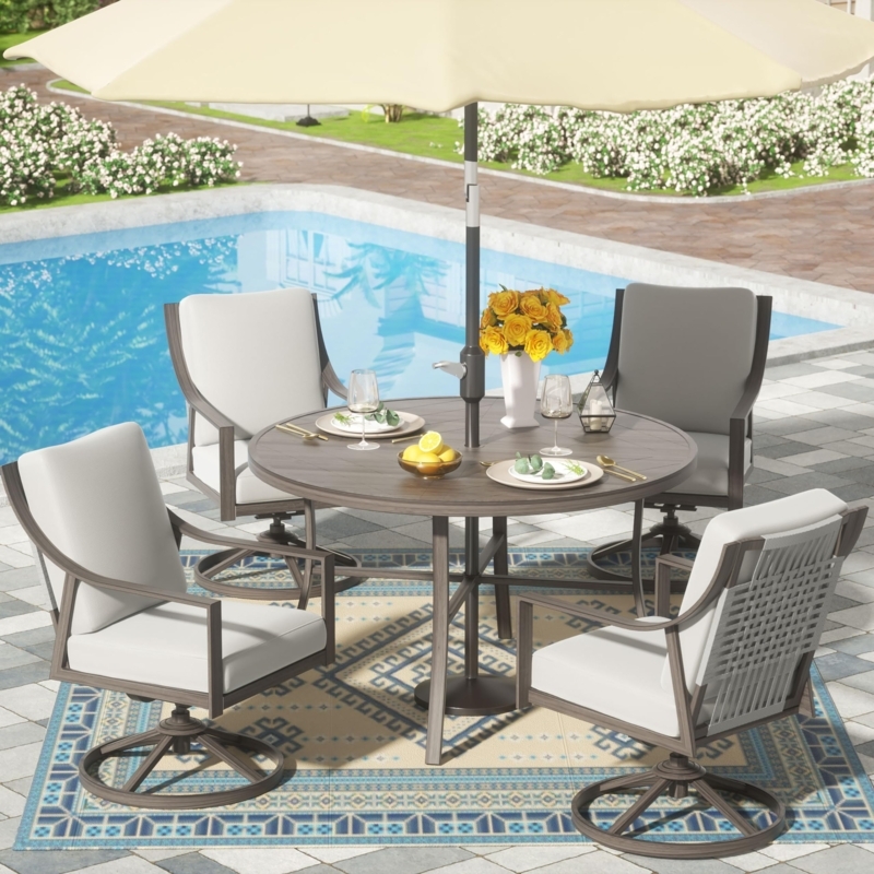 Outdoor Dining Set: Black Mesh Swivel Rocking Chairs, Round Slatted Table