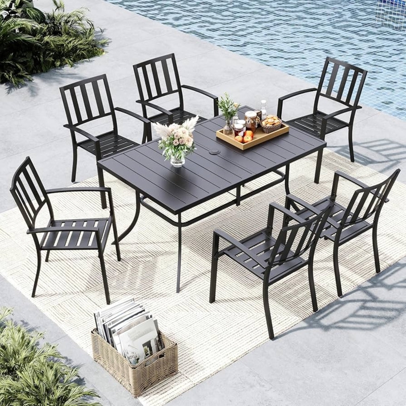 Outdoor Dining Set Black Metal 7-Piece with Scroll Back Chairs