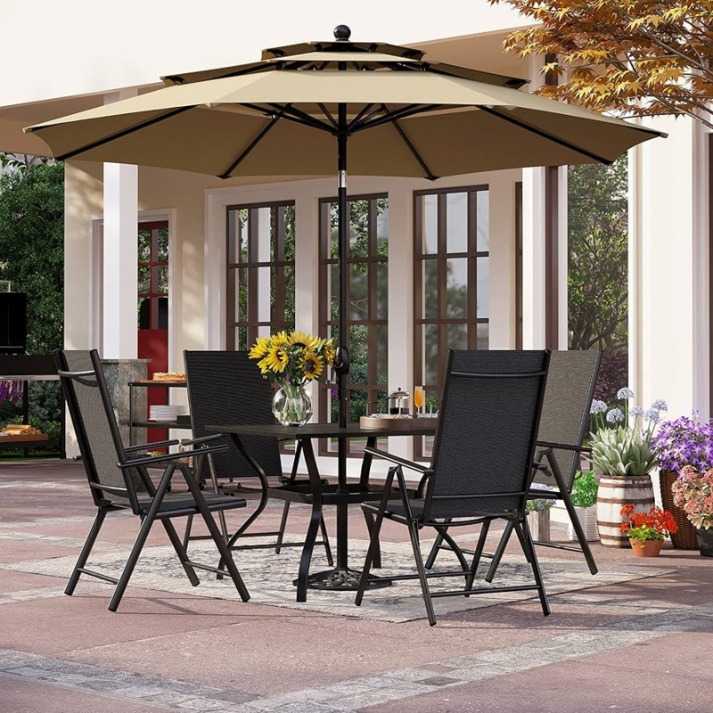 Outdoor Dining Set Black Metal Folding Chairs with 10ft Umbrella