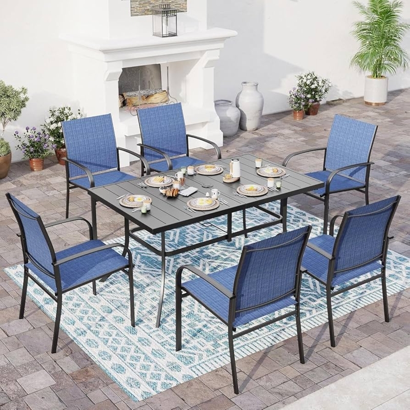 Outdoor Dining Set Black Metal Mesh Back Chairs Blue Cushions 7 Piece