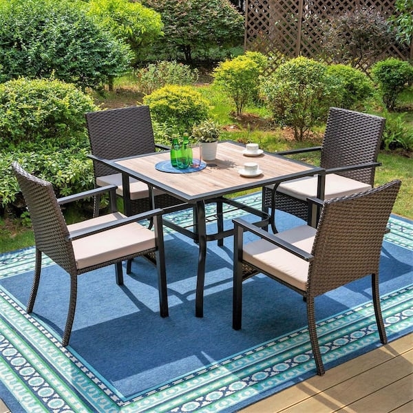 Outdoor Dining Set Black Metal Slat Table Mixed Material Rattan Chairs
