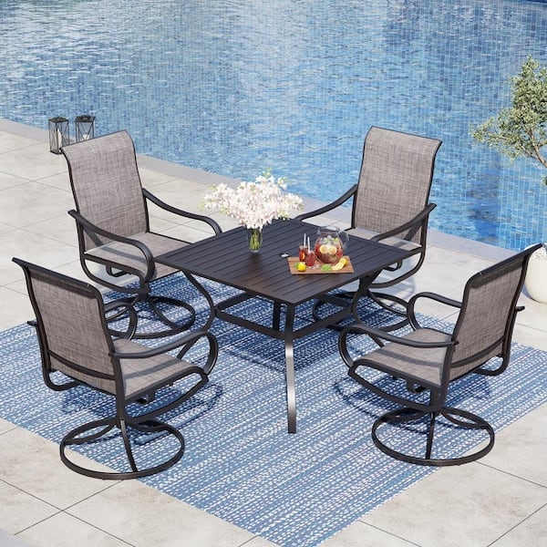 Outdoor Dining Set Black Metal Slat Table with Mesh Swivel Chairs