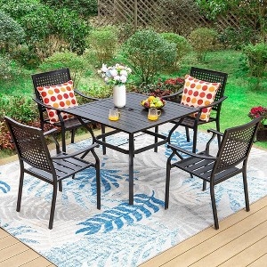 Outdoor Dining Set Black Metal Slatted Table with Red Accent Cushions
