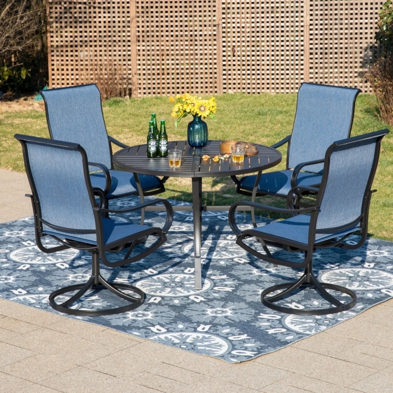 Outdoor Dining Set: Blue Swivel Sling Chairs, High-Back, Round Table.