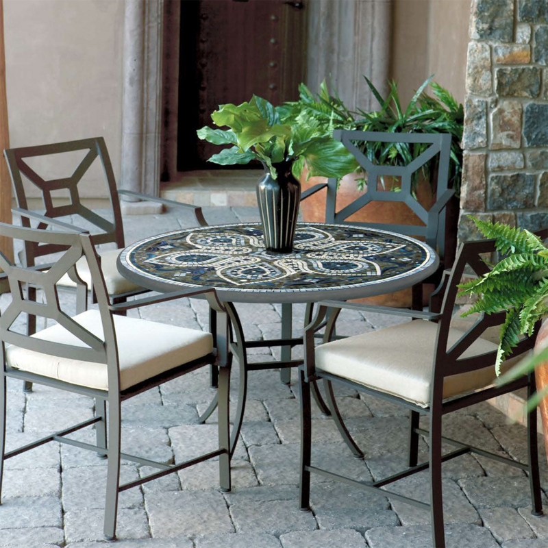 Outdoor Dining Set Blue White Floral Mosaic Scrollwork