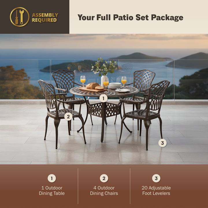 Outdoor Dining Set Bronze Finish Scroll Arms Lattice Back Round Table