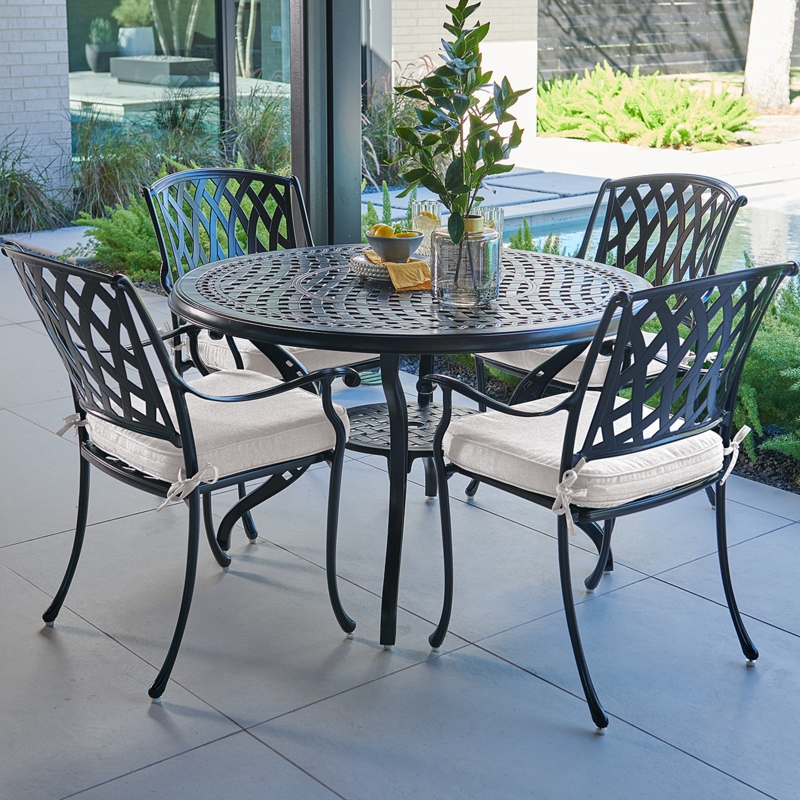 Outdoor Dining Set: Cast Aluminum Lattice with Grey Cushions