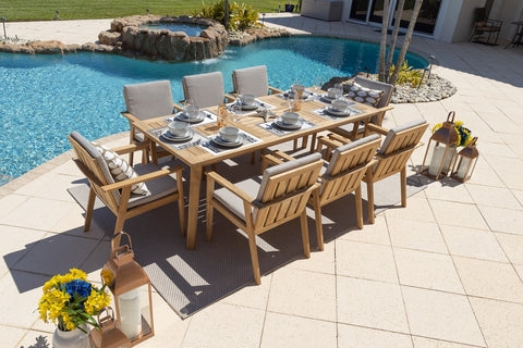 Outdoor Dining Set, Charcoal Cushion Contrast and Large Wooden Layout