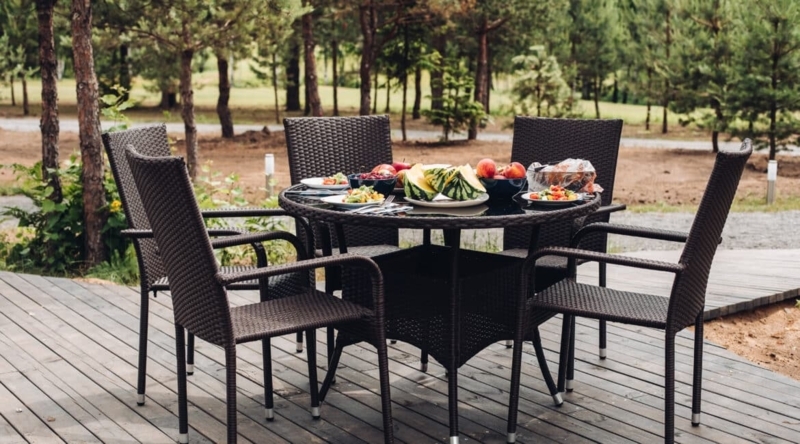 Outdoor Dining Set Charcoal Metal White Cushions Slatted Square