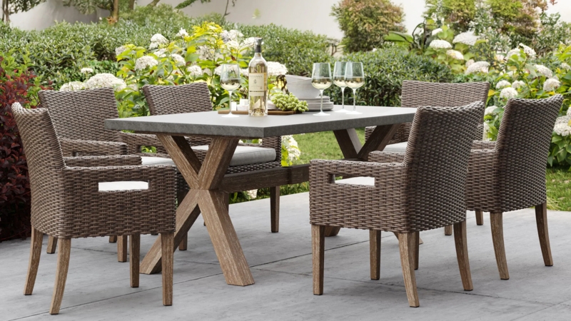 Outdoor Dining Set Coastal Style with Woven Bucket Chairs & Wood Top