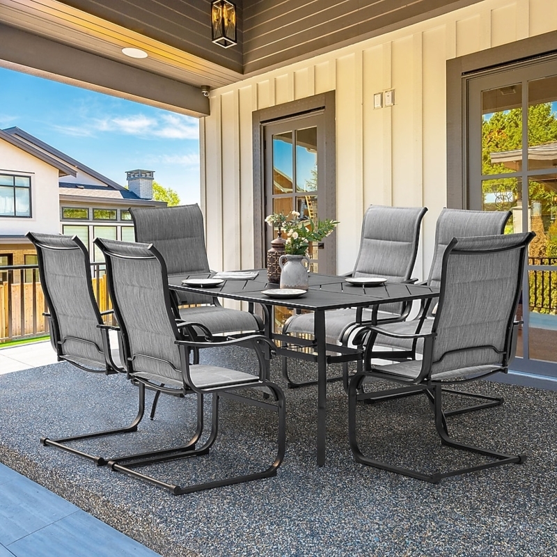 Outdoor Dining Set: Contemporary Gray Mesh C-Spring Chairs