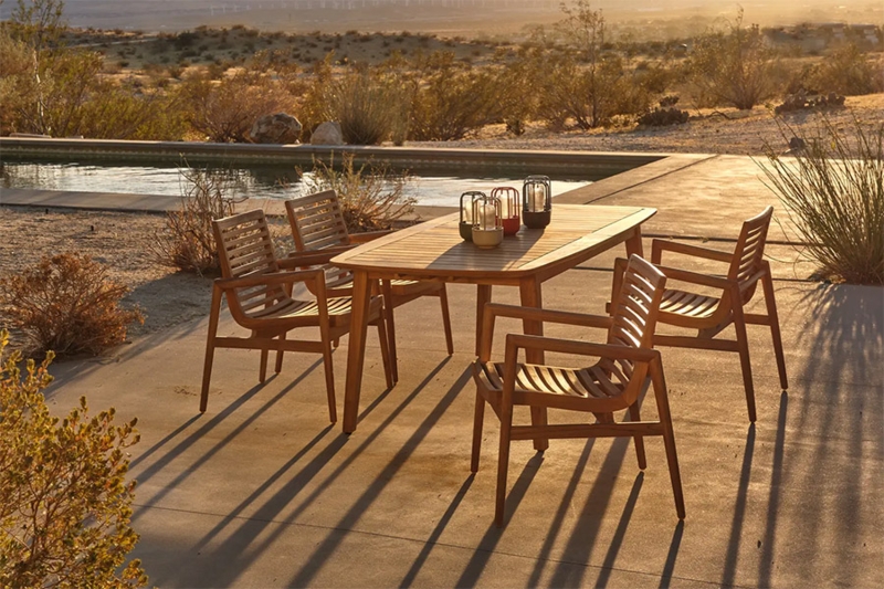 Outdoor Dining Set | Cushionless Slatted Wood, Coastal Modern Patio Layout