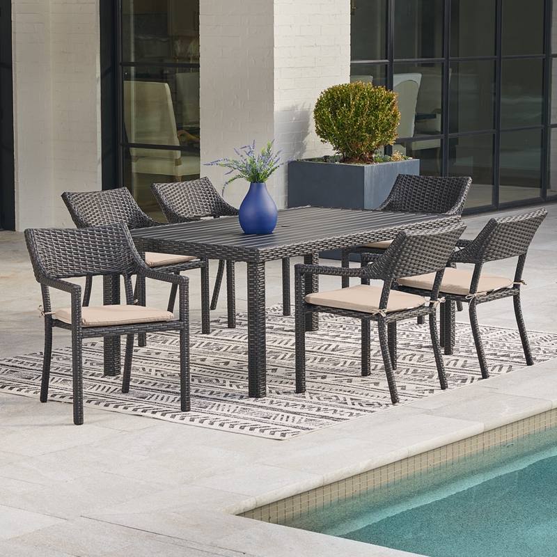 Outdoor Dining Set Dark Elm Wicker Full Skirt Chairs Wood Look Top