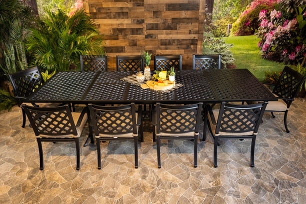 Outdoor Dining Set Eleven Piece Scrolled Arms for Stately Garden Dining